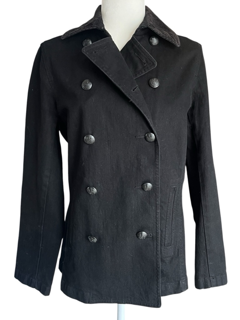 Lauren Ralph Lauren Double Breasted Denim Jacket Corduroy Collar Black Womens 6